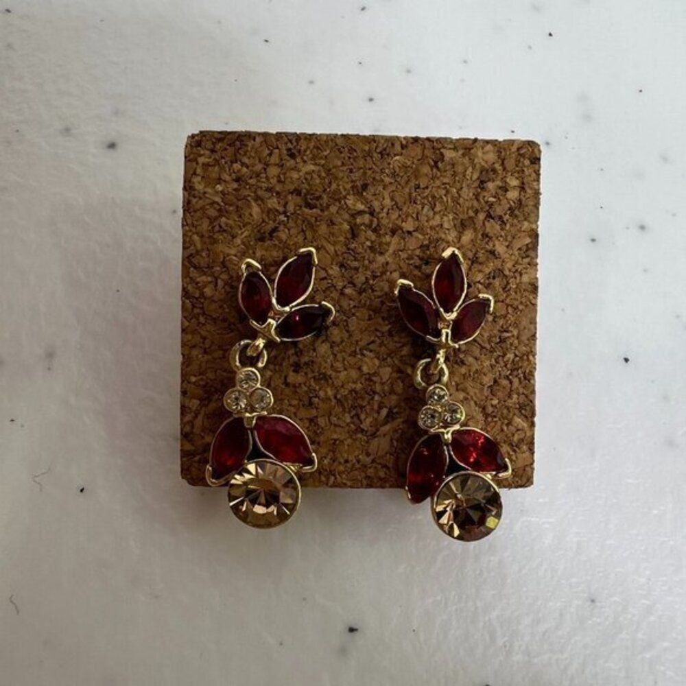 Red Teardrop Earrings Rhinestone Dangle Drop Gold Tone Boho‎ Stud